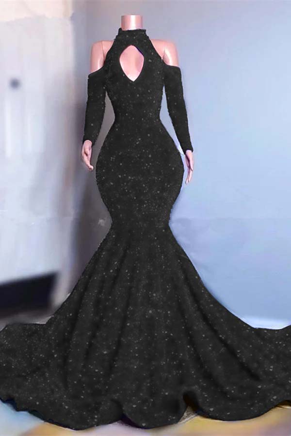 Showprettydess Long Sleeves Royal Blue High Collar Mermaid Prom Dress with Sequins-showprettydress