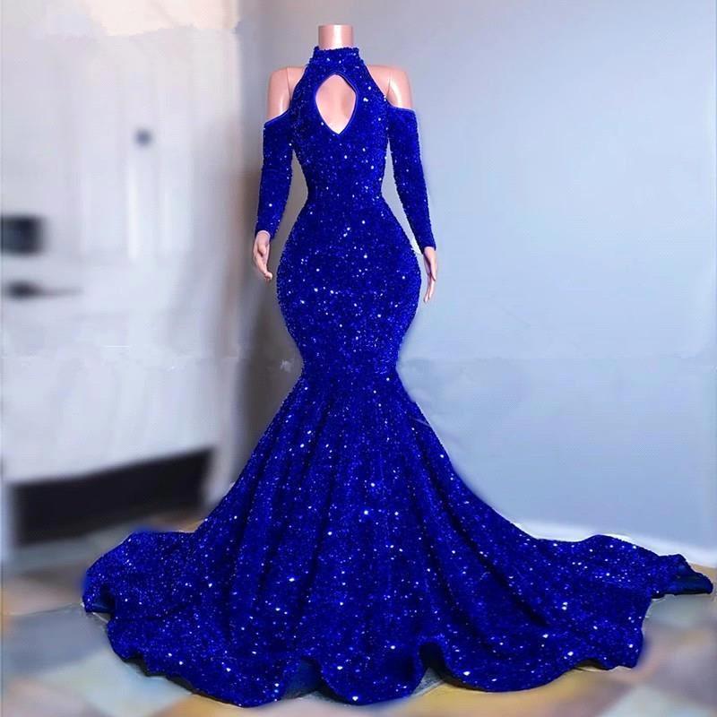 Showprettydess Long Sleeves Royal Blue High Collar Mermaid Prom Dress with Sequins-showprettydress