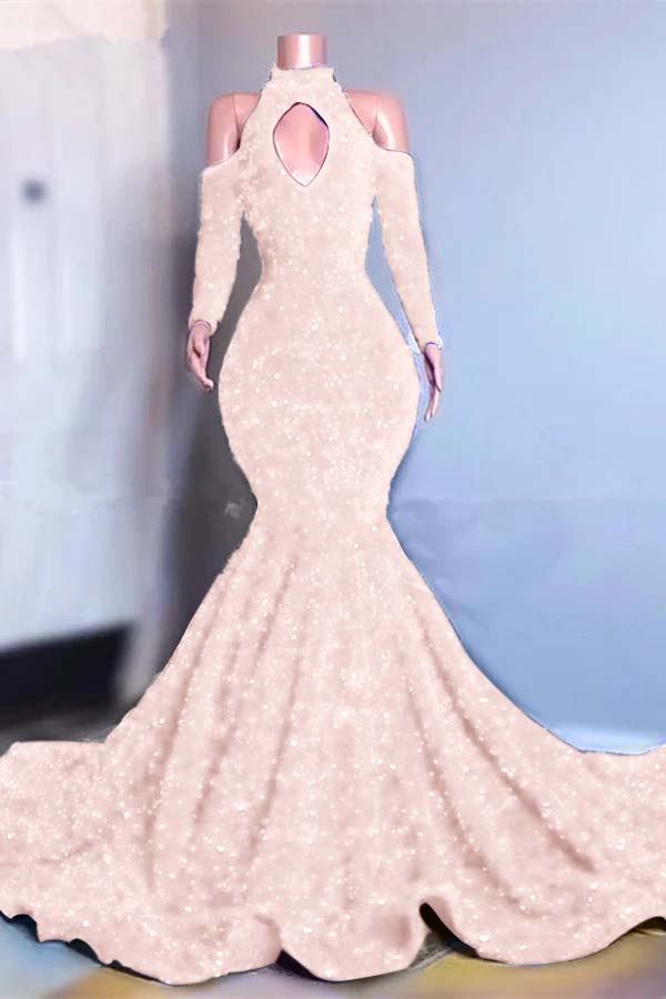 Showprettydess Long Sleeves Royal Blue High Collar Mermaid Prom Dress with Sequins-showprettydress