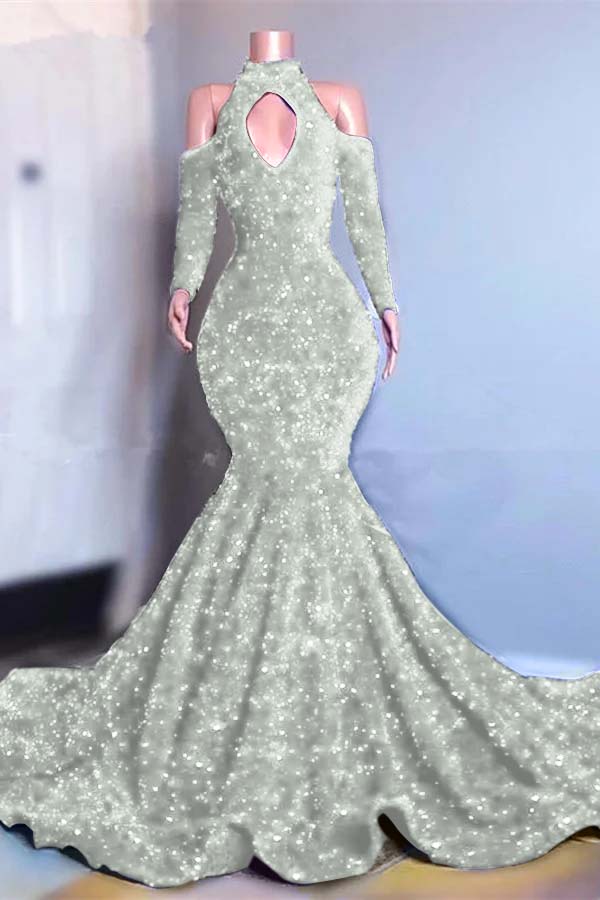 Showprettydess Long Sleeves Royal Blue High Collar Mermaid Prom Dress with Sequins-showprettydress