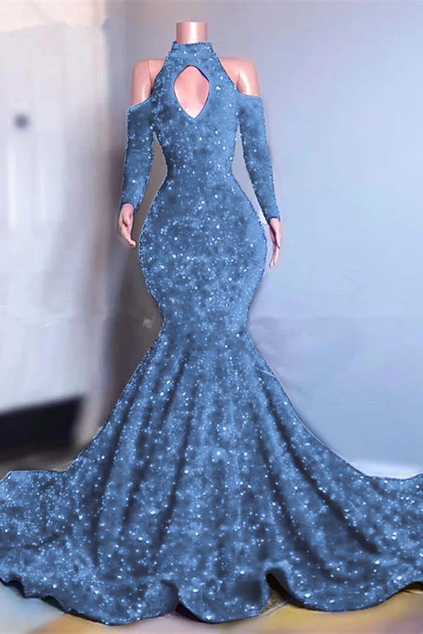 Showprettydess Long Sleeves Royal Blue High Collar Mermaid Prom Dress with Sequins-showprettydress