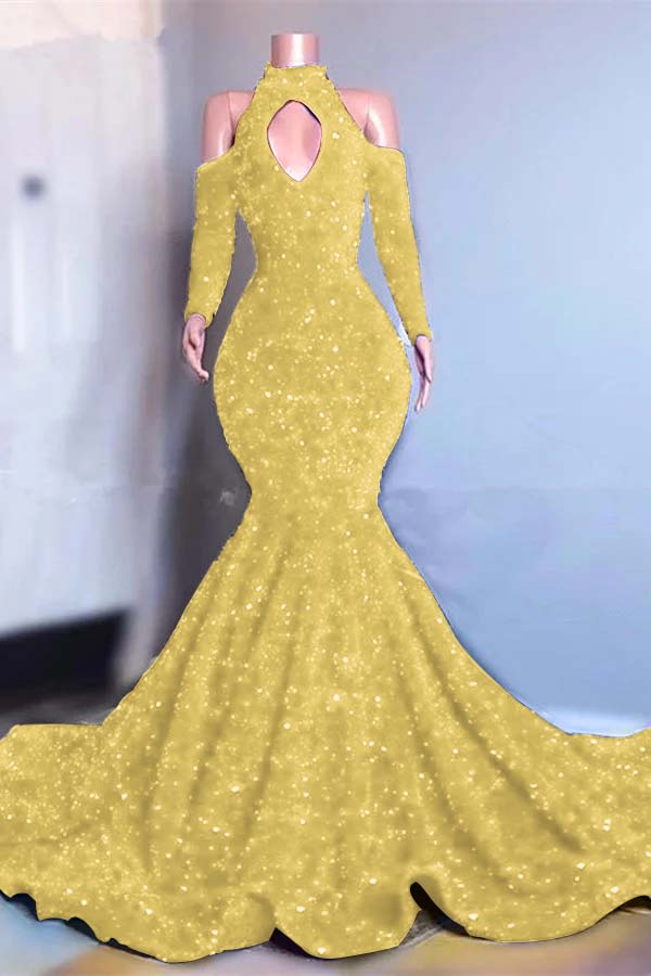 Showprettydess Long Sleeves Royal Blue High Collar Mermaid Prom Dress with Sequins-showprettydress