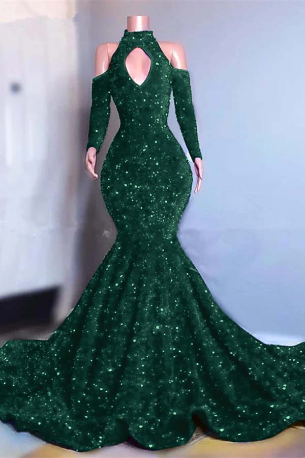 Showprettydess Long Sleeves Royal Blue High Collar Mermaid Prom Dress with Sequins-showprettydress