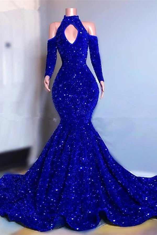Showprettydess Long Sleeves Royal Blue High Collar Mermaid Prom Dress with Sequins-showprettydress