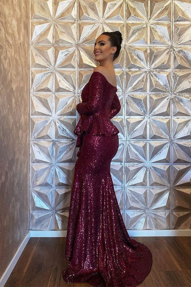 Showprettydess Long Sleeves Sequined Burgundy Mermaid Evening Dress with Split-showprettydress