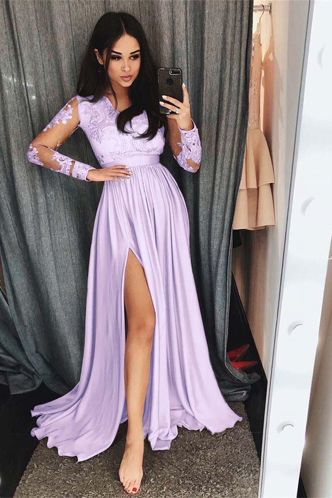 Showprettydess Long Sleeves Split Prom Dress with Lace Appliqués-showprettydress