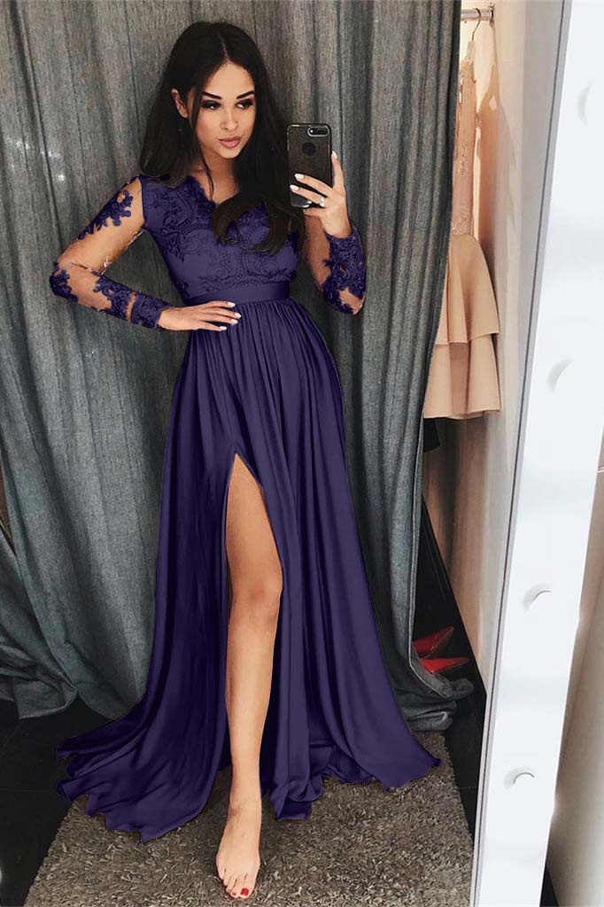 Showprettydess Long Sleeves Split Prom Dress with Lace Appliqués-showprettydress