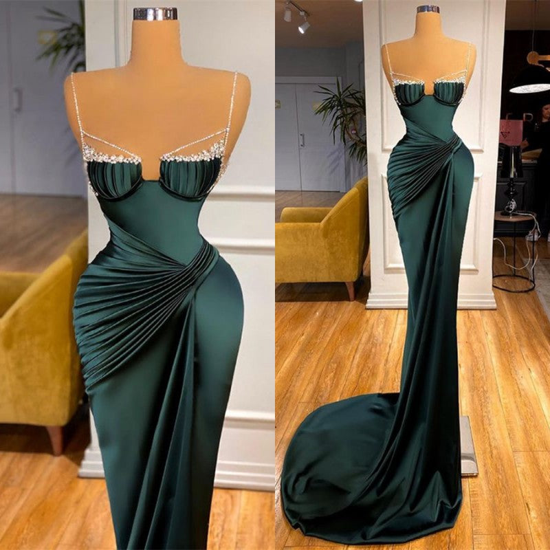 Showprettydess Mermaid Dark Green Spaghetti-Straps Prom Dress-showprettydress
