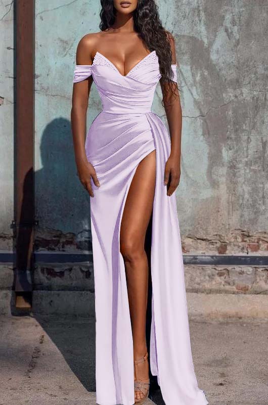 Showprettydess Mermaid Dusty Blue Off-the-Shoulder Prom Dress with Slit-showprettydress