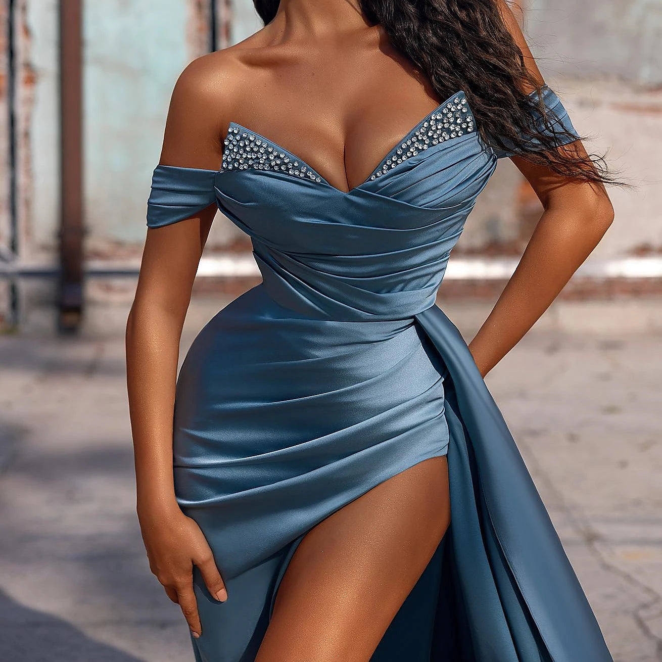 Showprettydess Mermaid Dusty Blue Off-the-Shoulder Prom Dress with Slit-showprettydress