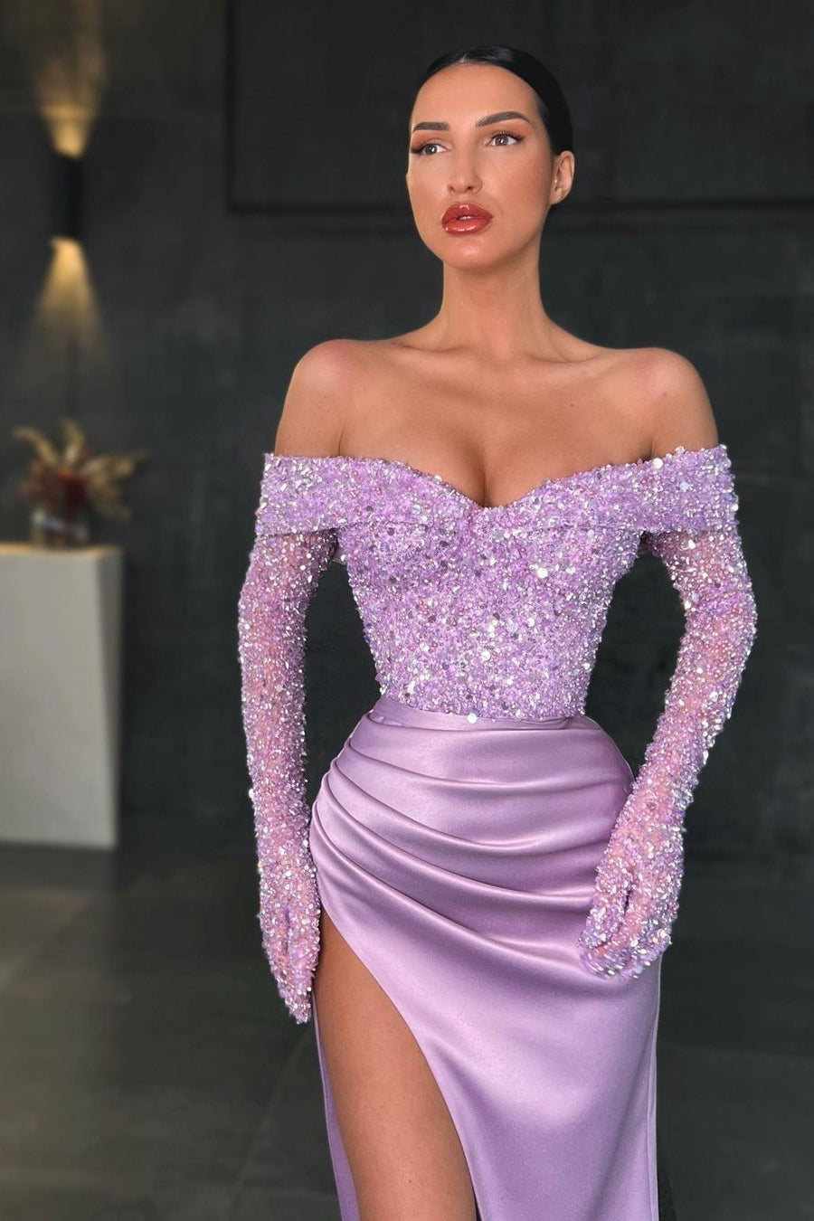 Showprettydess Mermaid Long Sleeves Sequined Prom Dress with Slit-showprettydress