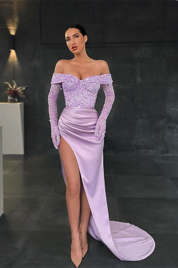 Showprettydess Mermaid Long Sleeves Sequined Prom Dress with Slit-showprettydress
