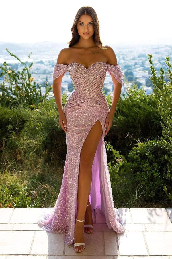 Showprettydess Mermaid Off-the-Shoulder Sequined Prom Dress with Split-showprettydress