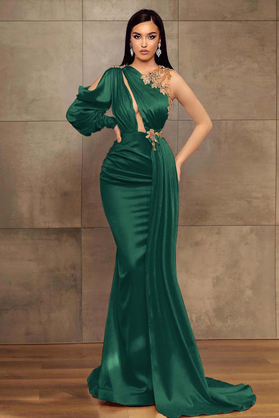 Showprettydess Mermaid One-Shoulder Long Sleeves Prom Dress-showprettydress