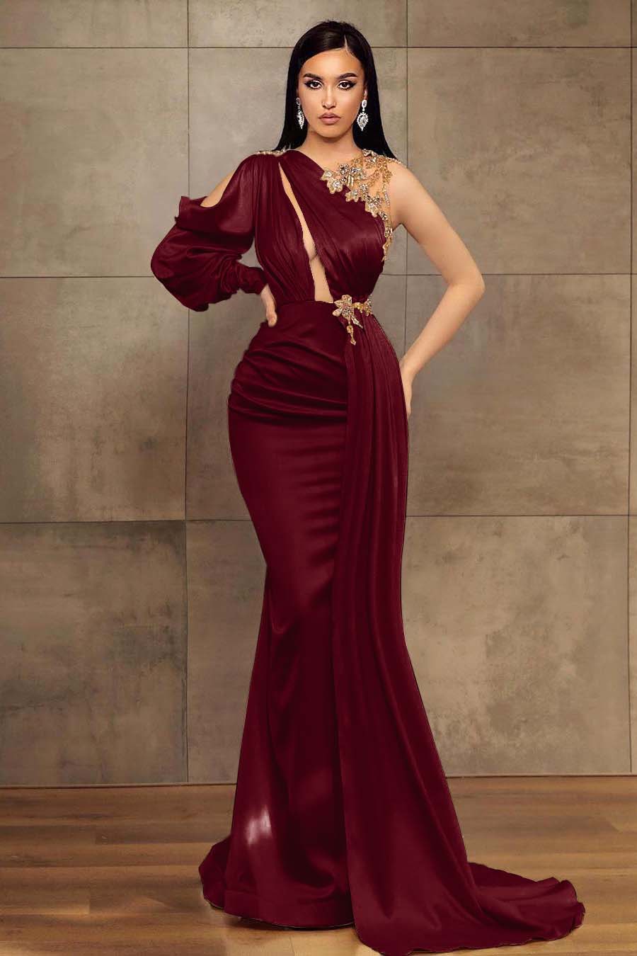 Showprettydess Mermaid One-Shoulder Long Sleeves Prom Dress-showprettydress