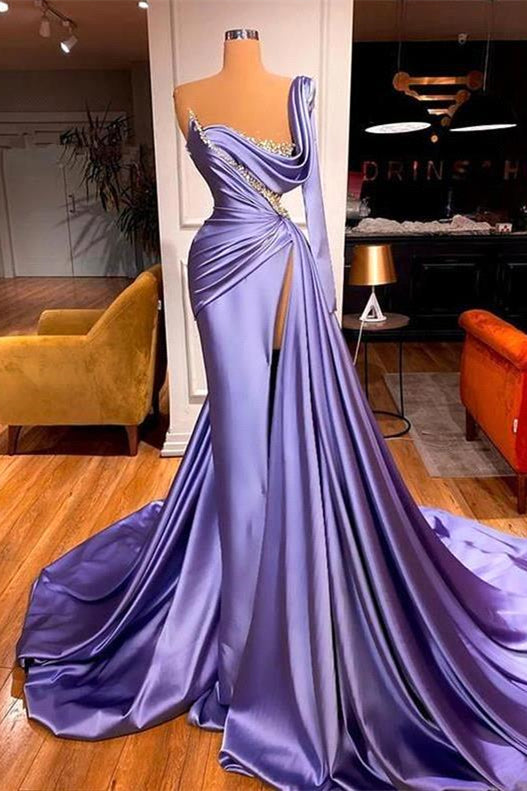 Showprettydess Mermaid One-Shoulder Long Sleeves Prom Dress with Slit & Beadings-showprettydress