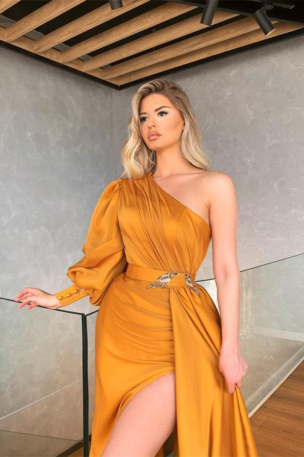 Showprettydess Mermaid One-Shoulder Split Prom Dress with Ruffles-showprettydress