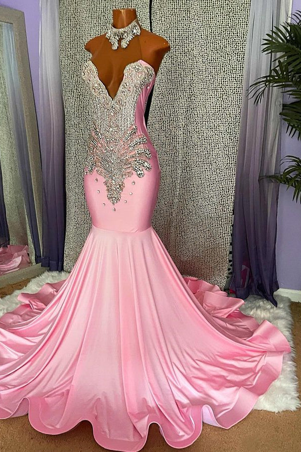 Showprettydess Mermaid Pink High Neck Prom Dress Beaded with Appliques-showprettydress