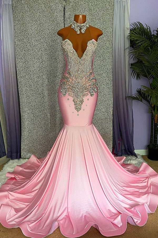Showprettydess Mermaid Pink High Neck Prom Dress Beaded with Appliques-showprettydress