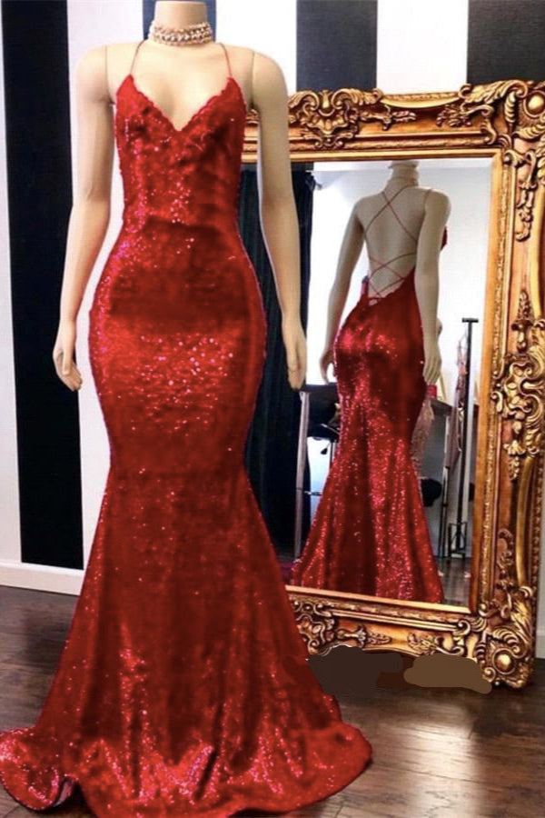 Showprettydess Mermaid Red Spaghetti-Straps Long Prom Dress with Sequins-showprettydress