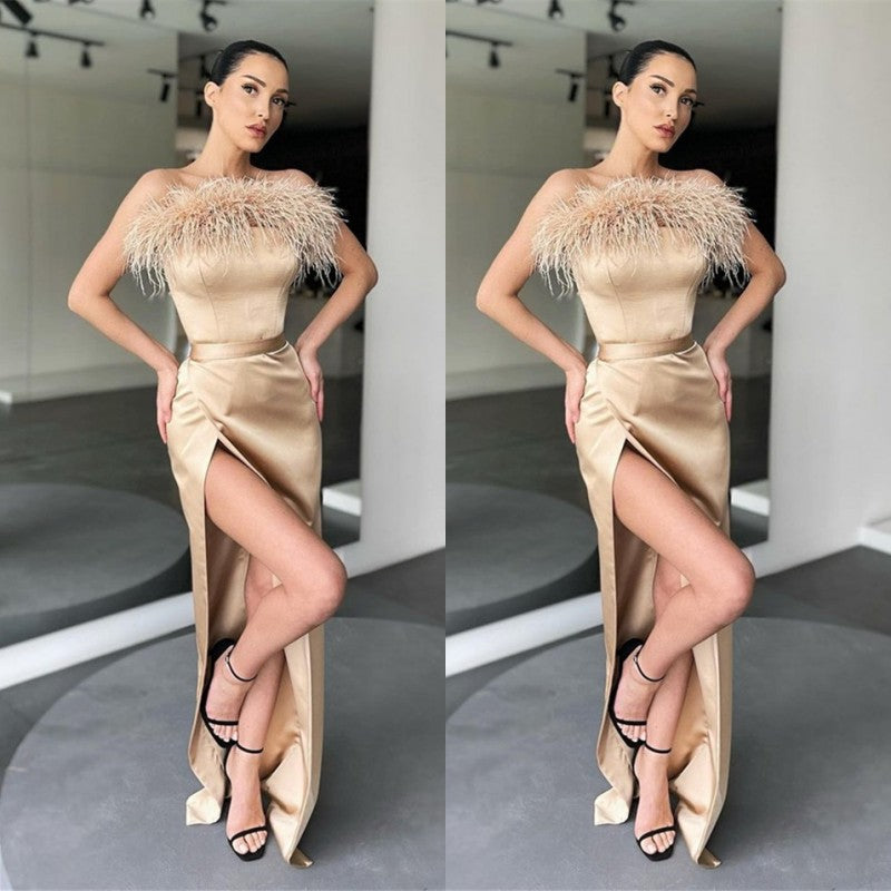 Showprettydess Mermaid Strapless Feather Prom Dress with Slit-showprettydress