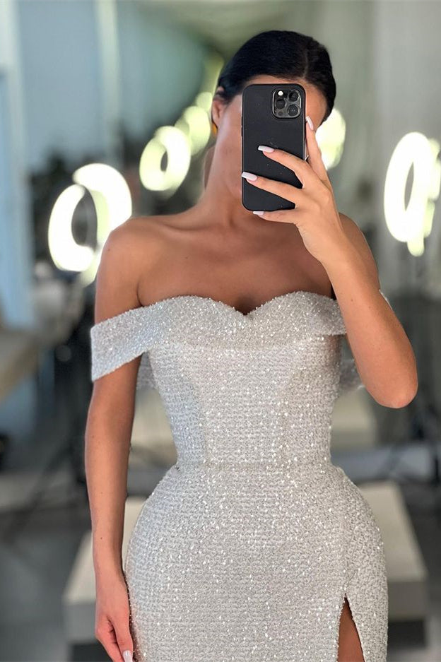 Showprettydess Mermaid White Off-the-Shoulder Sequined Slit Prom Dress-showprettydress