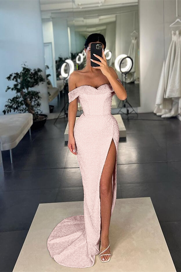 Showprettydess Mermaid White Off-the-Shoulder Sequined Slit Prom Dress-showprettydress