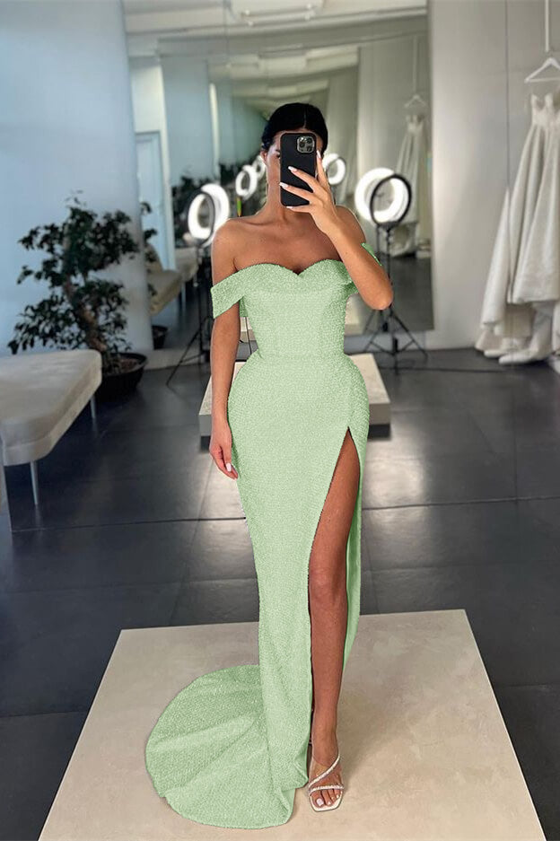 Showprettydess Mermaid White Off-the-Shoulder Sequined Slit Prom Dress-showprettydress