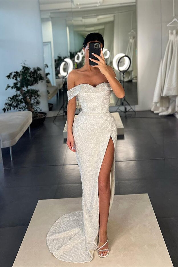 Showprettydess Mermaid White Off-the-Shoulder Sequined Slit Prom Dress-showprettydress