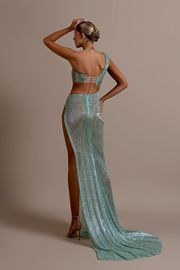 Showprettydess Mint Green One-Shoulder Long Prom Dress Sleeveless with Split-showprettydress