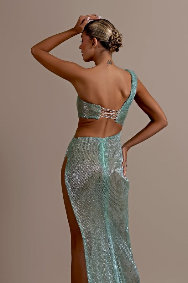 Showprettydess Mint Green One-Shoulder Long Prom Dress Sleeveless with Split-showprettydress