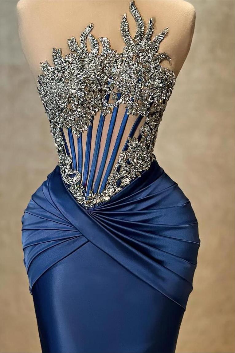 Showprettydess Navy Blue Strapless Sleeveless Mermaid Pleated Prom Dress with Beads & Rhinestones-showprettydress