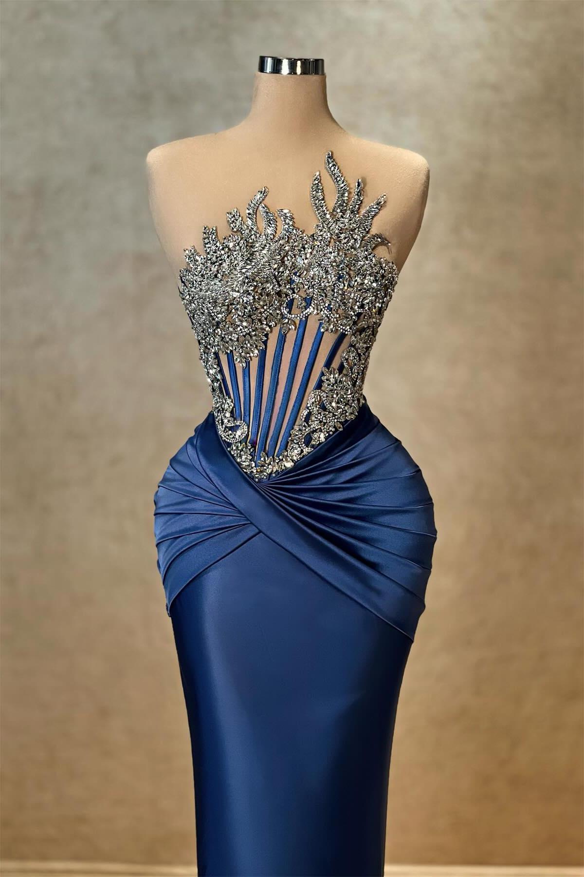 Showprettydess Navy Blue Strapless Sleeveless Mermaid Pleated Prom Dress with Beads & Rhinestones-showprettydress