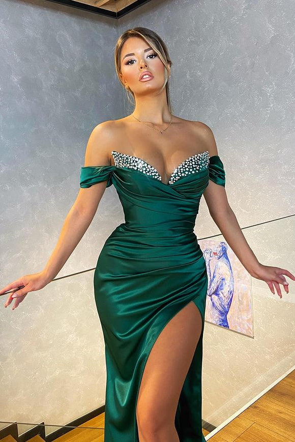 Showprettydess Off-the-Shoulder Dark Green Mermaid Prom Dress with Split-showprettydress
