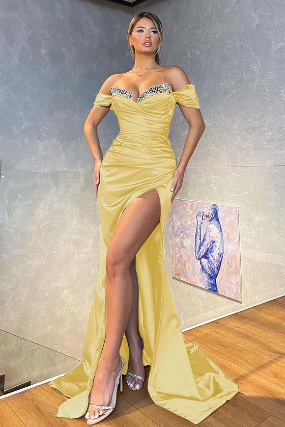 Showprettydess Off-the-Shoulder Dark Green Mermaid Prom Dress with Split-showprettydress