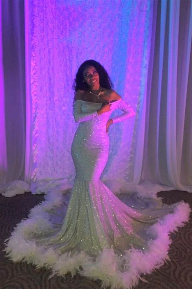 Showprettydess Off-the-Shoulder Sequined Long Sleeves Long Mermaid Prom Dress with Feathers-showprettydress