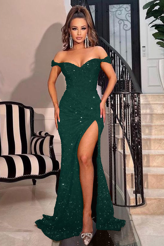 Showprettydess Off-the-Shoulder Sweetheart Red Sequined Mermaid Prom Dress with Split-showprettydress