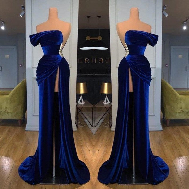 Showprettydess One-Shoulder Dark Blue Mermaid Prom Dress with Long Split & Beads-showprettydress