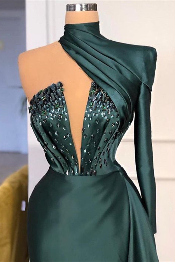 Showprettydess One-Shoulder Long Dark Green Prom Dress with Sequins-showprettydress