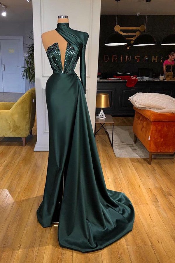 Showprettydess One-Shoulder Long Dark Green Prom Dress with Sequins-showprettydress