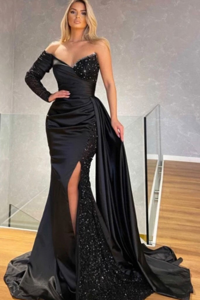Showprettydess One-Shoulder Long Sleeve Split Black Mermaid Prom Dress with Sequins-showprettydress