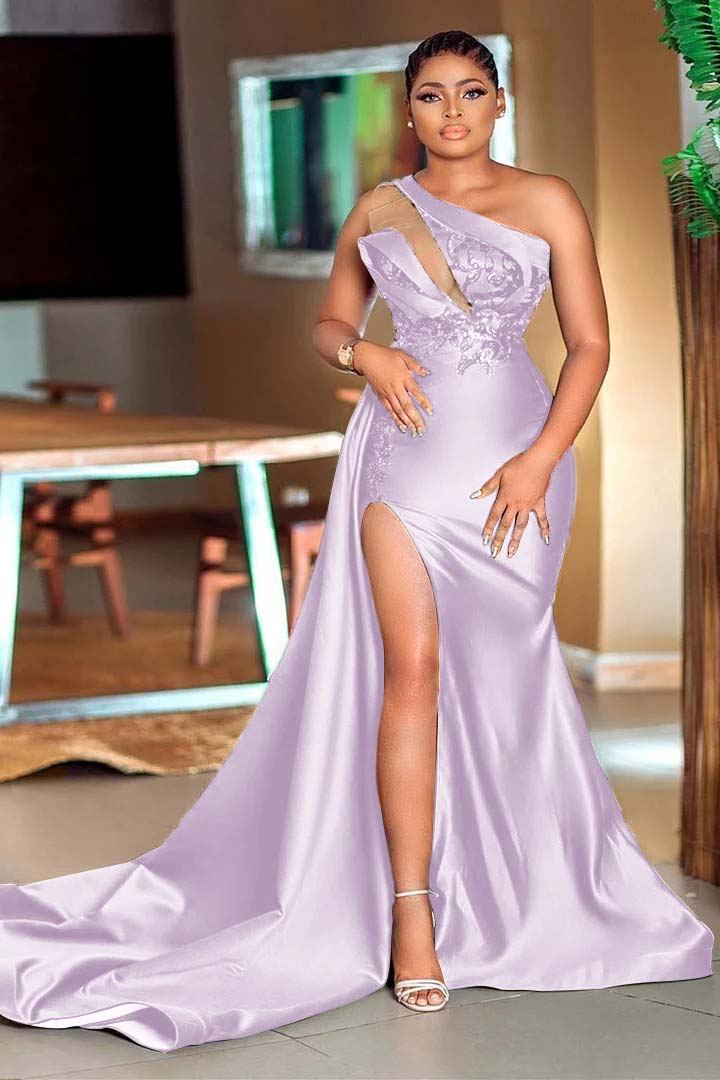 Showprettydess One-Shoulder Mermaid Sequined Green Prom Dress with Split-showprettydress