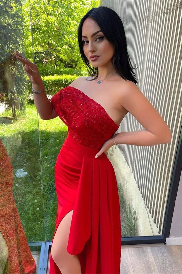 Showprettydess One-Shoulder Red Mermaid Prom Dress with Sequins & Lace Appliques & Split-showprettydress