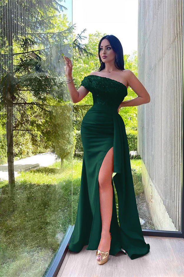 Showprettydess One-Shoulder Red Mermaid Prom Dress with Sequins & Lace Appliques & Split-showprettydress