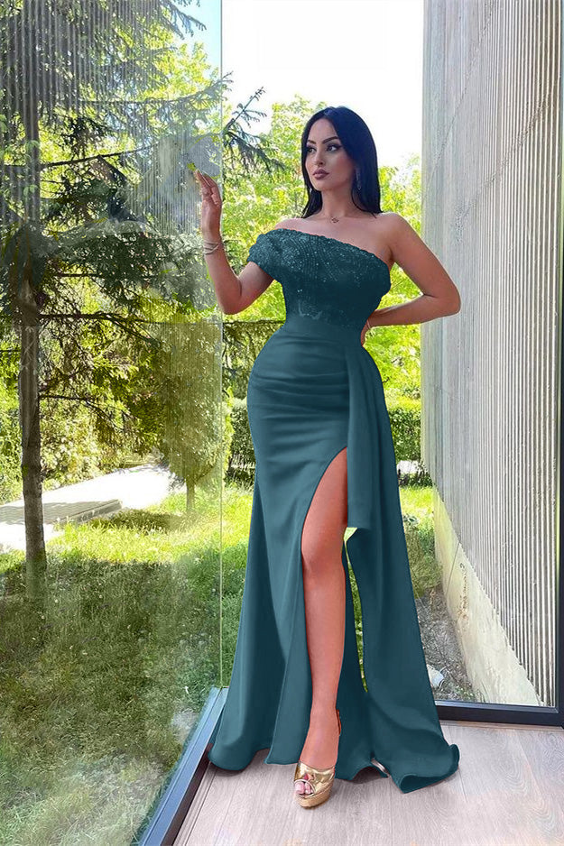Showprettydess One-Shoulder Red Mermaid Prom Dress with Sequins & Lace Appliques & Split-showprettydress