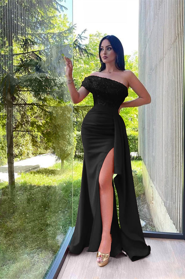 Showprettydess One-Shoulder Red Mermaid Prom Dress with Sequins & Lace Appliques & Split-showprettydress