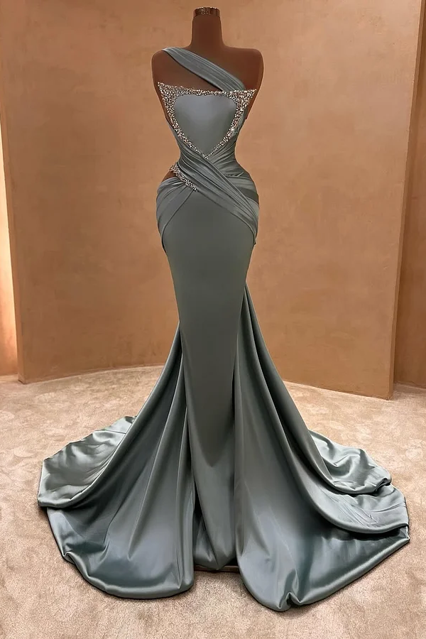 Showprettydess One-Shoulder Sleeveless Strapless Beaded Mermaid Prom Dress-showprettydress