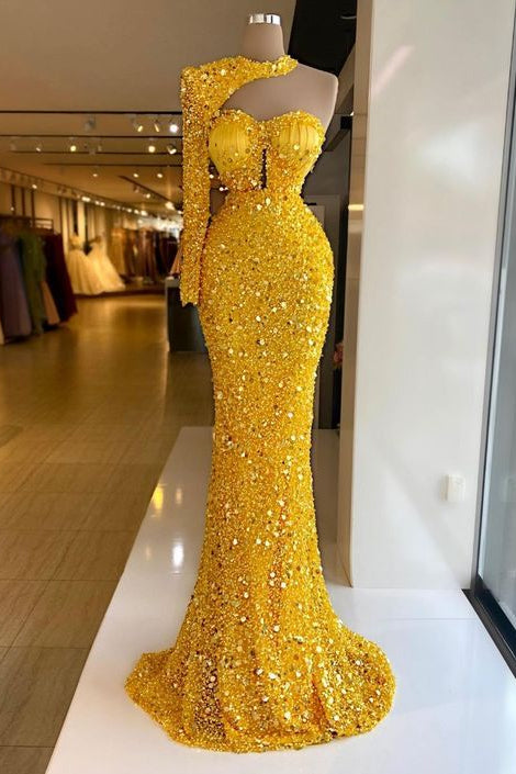 Showprettydess One-Shoulder Yellow Halter Long Sleeve Mermaid Prom Dress with Sequins-showprettydress