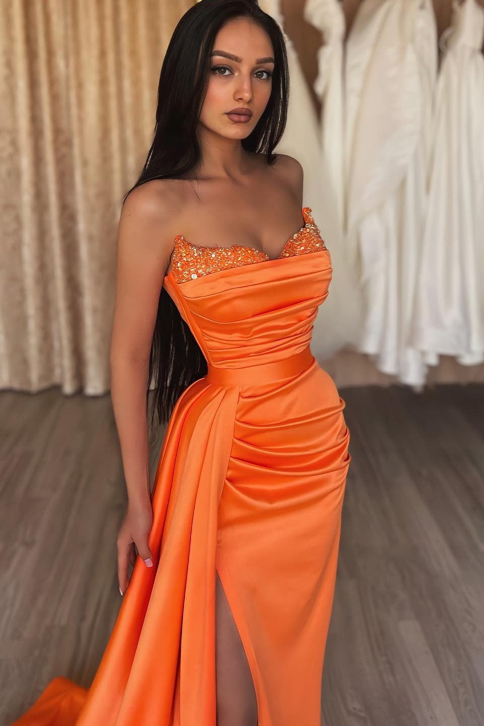 Showprettydess Orange Strapless Mermaid Prom Dress with Split & Ruffles-showprettydress