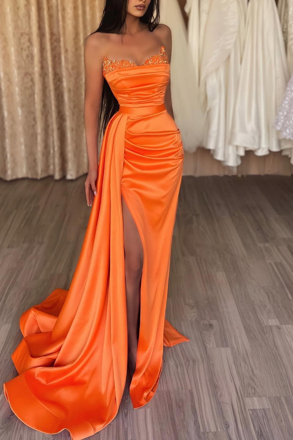 Showprettydess Orange Strapless Mermaid Prom Dress with Split & Ruffles-showprettydress